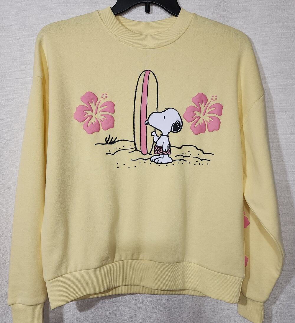 Snoopy surfing yellow women's sweatshirt size XS NWT